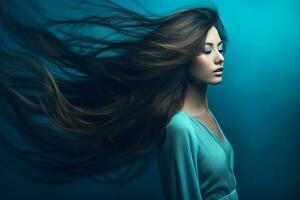 retrato de joven sensual mujer con viento en largo pelo en azul estudio fondo, generativo ai foto