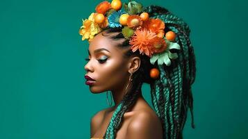 afro peinado con trenzas y flor decoración para elegante negro chica, generativo ai foto