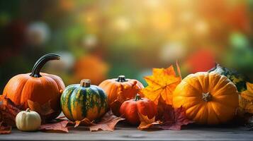 Pumpkins on defocused background. Thanksgiving banner for text. Generative AI. photo