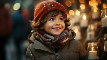 sonriente chico a Navidad mercado, niños encantador momento como él admira Navidad adornos en medio de el calentar resplandor de Navidad noche luces, invierno noche, ai generativo foto