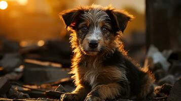 Stray Puppy on a Damaged Street in Afternoon Light - A Powerful Image for Animal Rights Advocacy, Stray dog, Ai generative photo