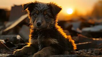Stray Puppy on a Damaged Street in Afternoon Light - A Powerful Image for Animal Rights Advocacy, Stray dog, Ai generative photo