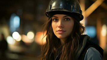 moderno mujer profesional ingeniero con largo negro cabello, vistiendo un la seguridad casco, en el construcción sitio como un fondo, ai generativo foto