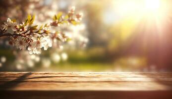 Empty wooden table with blooming pink sakura garden bokeh background. Generative AI photo