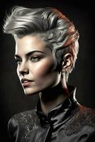 Elegant middle aged woman with fashion short haircut. Generative AI photo