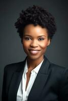 africano americano negocio mujer sonriente a cámara, generativo ai foto