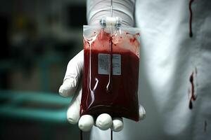 Hand of a medical worker holding a bag of donor blood. generative AI photo