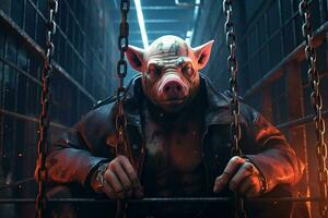 Scary pig-looking criminal behind bars in a prison cell, generative ai photo