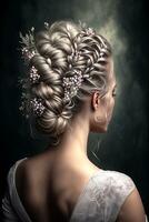 hermosa trenza peinado, gris pelo nupcial elegante peinado con flores generativo ai foto