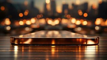 A front view of a luxurious silver metallic empty table for product placement, set against a dark, blurry city background, serves as a blank metallic table mockup photo
