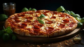delicioso hecho en casa pepperoni pizza, rebanada de pizza, clásico italiano comodidad comida con sabroso pepperoni, ai generativo foto