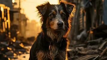 Stray Dog on a Damaged Street in Afternoon Light - A Powerful Image for Animal Rights Advocacy, Ai generative photo