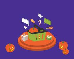 colorful isometric Halloween banner with pumpkin and treats and podium for advertising promotion vector