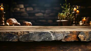 A front view of a dark gray, empty stone table with a blurry dark rock wall background, serves as a blank stone table mockup for product placement, ai generative photo