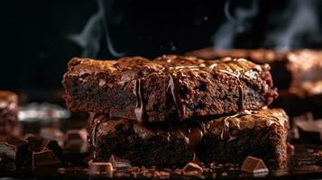 de cerca lado ver de húmedo oscuro chocolate Brownies postre, un tentador hecho en casa deleite con decadente fudgy textura, conjunto en contra un Rico y oscuro fondo, húmedo comida fondo, ai generativo foto