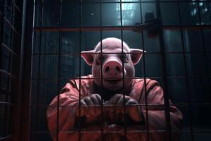 Scary pig-looking criminal behind bars in a prison cell, generative ai photo