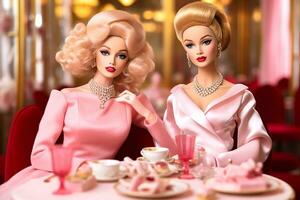 dos muñecas rubia muchachas a un mesa en un restaurante con un rosado interior, generativo ai foto