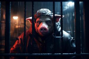 Scary pig-looking criminal behind bars in a prison cell, generative ai photo