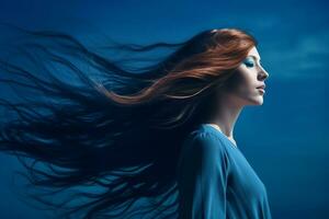 retrato de joven sensual mujer con viento en largo pelo en azul estudio fondo, generativo ai foto