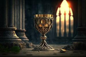 Golden chalice of wine on blurred sunlight curch background. Generative AI. photo