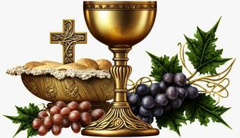 Holy Communion. A chalice of wine, bread, grapes and ears of wheat on white. Generative AI photo