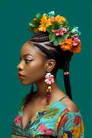 Afro hairstyle with braids and flower decor for elegant black girl, generative ai photo