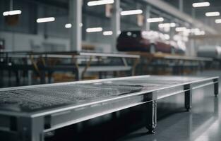 Empty metal platform for displaying products, blurred car workshop in background. Generative AI photo