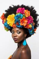 afro peinado con trenzas y flor decoración para elegante negro chica, generativo ai foto