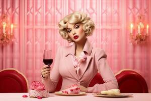 Cute doll blonde girl at a table in a restaurant with a pink interior, generative ai photo