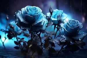 Beautiful wallpaper with blue roses in the mystical moonlight, generative ai photo