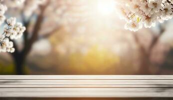 Empty wooden table with blooming pink sakura garden bokeh background. Generative AI photo