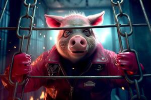 Scary pig-looking criminal behind bars in a prison cell, generative ai photo