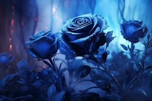 hermosa fondo de pantalla con azul rosas en el místico luz de la luna, generativo ai foto