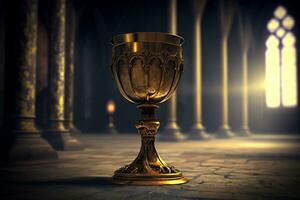 Golden chalice of wine on blurred sunlight curch background. Generative AI. photo