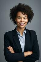 africano americano negocio mujer sonriente a cámara, generativo ai foto