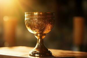 Golden chalice of wine on blurred sunlight curch background. Generative AI. photo