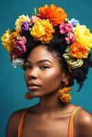 Afro hairstyle with braids and flower decor for elegant black girl, generative ai photo