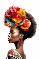 Afro hairstyle with braids and flower decor for elegant black girl, generative ai photo