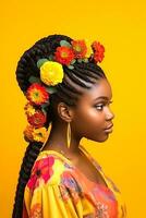 Afro hairstyle with braids and flower decor for elegant black girl, generative ai photo