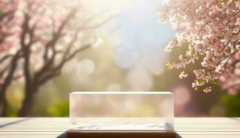 Empty wooden table with blooming pink sakura garden bokeh background. Generative AI photo