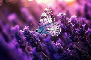un campo de floreciente lavanda con un Violeta mariposa ai generado foto
