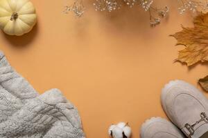 Woman's shoes, sweater with autumn leaves and pumpkin on orange background with copy space top view, flat lay. photo