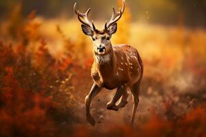 Wild deer in the autumn forest. Horned wild animal. photo
