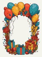 ilustración de cumpleaños tema florido marco con globos y regalos tarjeta vector