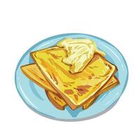 Grilled bread toast with melt cheese on top salty food vector illustration isolated on square white background. Simple flat cartoon art styled drawing.