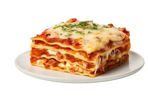 Piece of lasagna bolognese on plate isolated. Italian cuisine. Generative AI photo