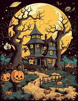 Cartoon Halloween spooky house. Illustrations of a Spooky House for Halloween. Fairytale and fantasy design.  AI Generated. photo