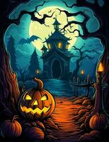 Cartoon Halloween spooky house. Illustrations of a Spooky House for Halloween. Fairytale and fantasy design.  AI Generated. photo