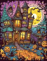 Cartoon Halloween spooky house. Illustrations of a Spooky House for Halloween. Fairytale and fantasy design.  AI Generated. photo