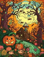 Cartoon Halloween spooky house. Illustrations of a Spooky House for Halloween. Fairytale and fantasy design.  AI Generated. photo